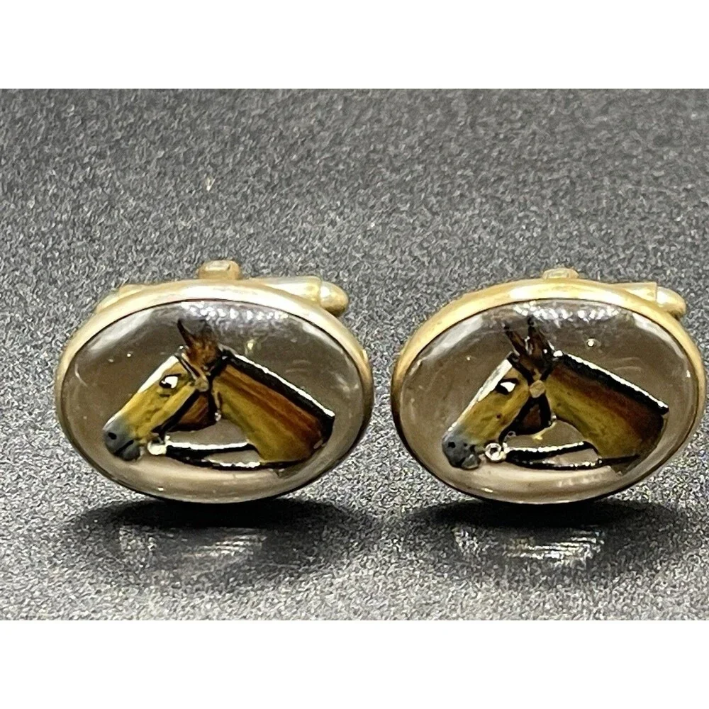 Vintage Painted Horse Head Tie Clip & Cuff Links
